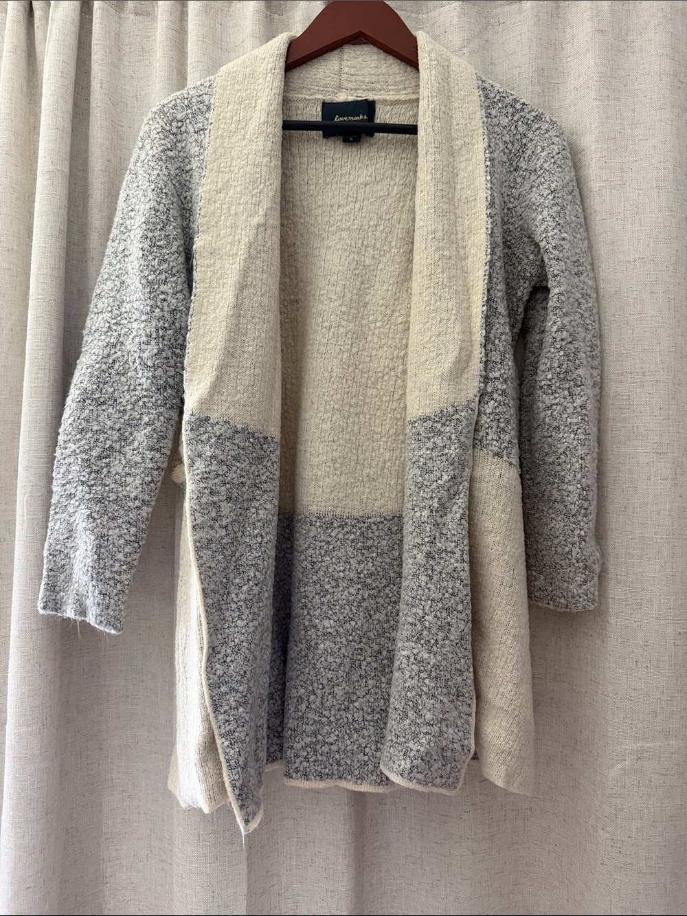 Lush Two-Tone Open Front Cardigan in Cream and Light Gray